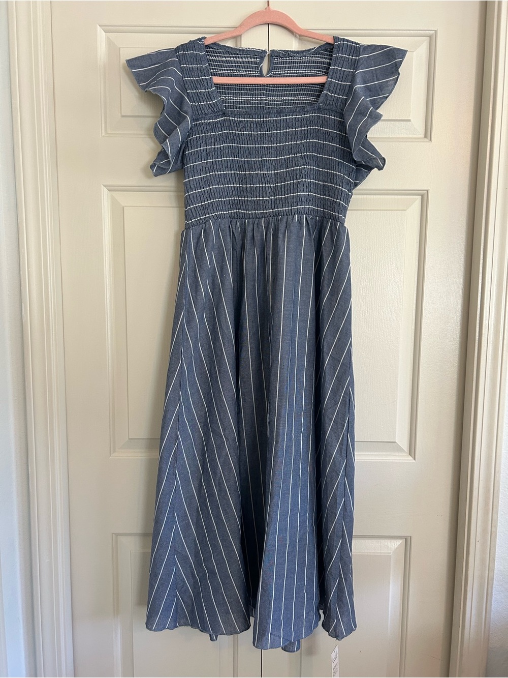 NWT Cupshe Pinstripe Smocked Midi Dress - Dark Blue Gray - Size Large